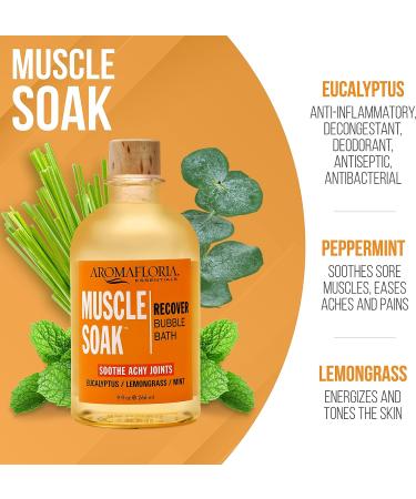 Aromafloria Muscle Soak Recover Bubble Bath - Eucalyptus, Peppermint & Lemongrass Oil - 9 oz Bottle | Joint & Muscle Pain Relief, Foaming Bath Bubbles for Men & Women - Buy Online on GoSupps.com