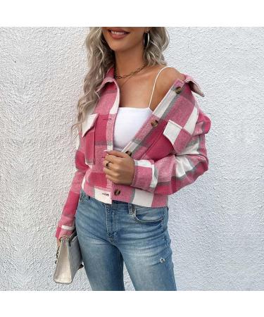 Women's Short Plaid Vintage Cardigan Jacket Tops Hot Pink Medium - Buy Online on GoSupps.com