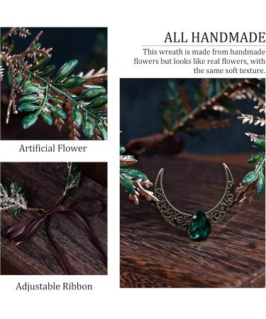 MOSTORY Handmade Moon Leaf Headband Woodland Fairy Crown Headpiece for Wedding Bridal Dark Green Elven Circlet for Women Cosplay Costume Accessory Renaissance Halloween Party Golden Green - Buy Online on GoSupps.com