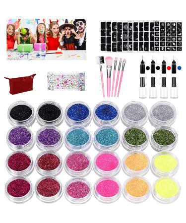 Glitter Tattoos Kit 24 Colors Waterproof Temporary Tattoos with 203 Stencils  5 Brushes 4 Glue 4 Ink  Body Nail Art  Body Glitter Festival Party (24 Colors With 4 Bottles Ink)