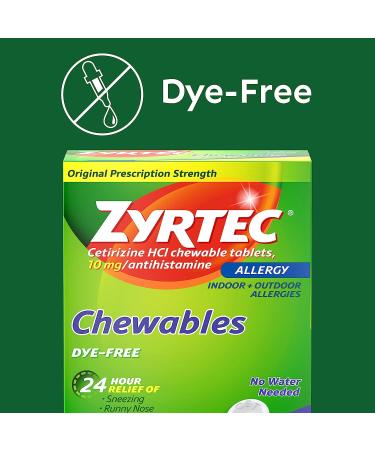 Zyrtec 24-Hour Allergy Relief Chewable Tablets - 10mg Cetirizine HCl - Dye-Free - 24 CT - Buy Online on GoSupps.com