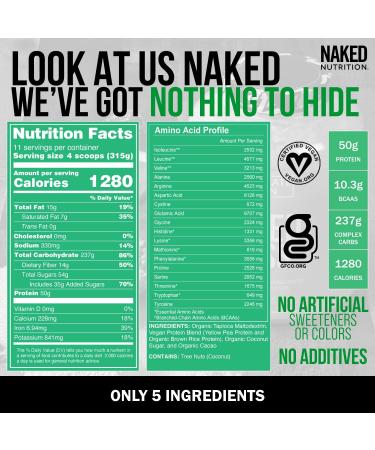 Chocolate Vegan Weight Gainer - 8lb Bulk | Naked Mass | GMO, Gluten, Soy, Dairy Free | 1,280 Calories | 11 Servings - Buy Online on GoSupps.com