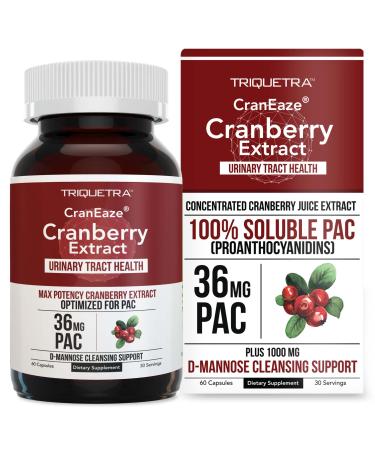 CranEaze: Cranberry Juice Extract Plus D-Mannose  36 mg PAC, 100% Soluble PAC - Supports Urinary Tract Health  Most Effective Cranberry Pills for Women, UTI Cranberry Supplement - 60 Capsules
