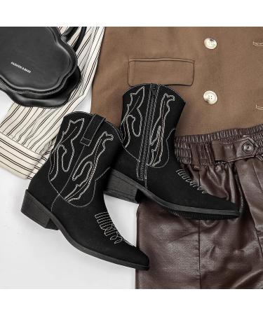 ANJOUFEMME Women's Western Cowboy Cowgirl Mid-Calf Embroidered Boots - Black - Buy Online on GoSupps.com