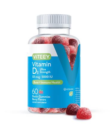 Vitamin D3 Gummies Ultra Strength 125mcg 5000 IU - Bone Health Immune Health Joint Muscle Support - Dietary Supplement Pectin Gummy - for Adults Teens & Kids - Berry Flavors 60 Count-1 Pack