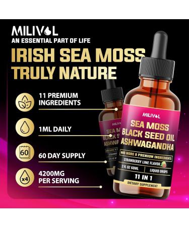 MILIVOL 11in1 Sea Moss Liquid Drops - Irish Sea Moss with Black Seed Oil, Ashwagandha & 8 Other - Supplement for Immune, Skin, Digestion - 2 Fl Oz - 60 Days - Buy Online on GoSupps.com