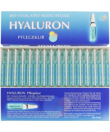 Hyaluron Bio Vital Anti Aging PflegeKur 30 ml of highly concentrated hyaluronic acid 15 ampoules 2 ml against wrinkles made in Germany from Strehler Design
