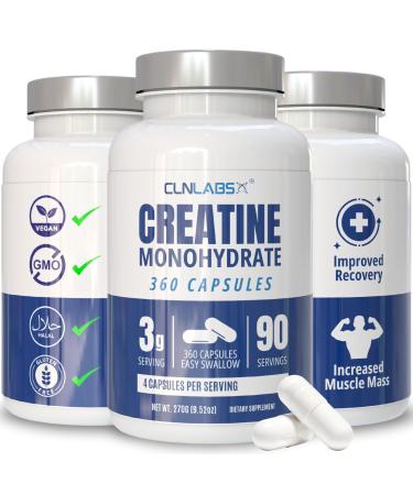 Creatine Monohydrate Capsules | Unflavoured | Creatine Powder in Capsules | Easy Swallow Compared to Tablets | Made in The UK by CLN Labs (360 Capsules) 360 count (Pack of 1)
