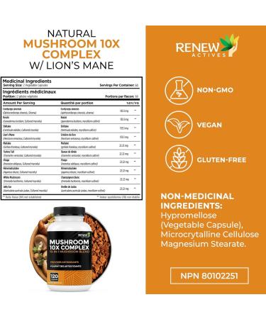 RENEW ACTIVES Mushroom Complex 2 Capsules per Serving 10 Mushroom Blend with Antioxidants for Immune Health & Wellness Supports Overall Vitality & Long-Term Wellness Made in Canada - 120 Capsules - Buy Online on GoSupps.com