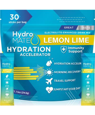 HydroMATE Electrolytes Powder Drink Mix Hydration Accelerator Low Sugar Hangover Party Recovery Vitamin C Lemon Lime 30 Sticks 30 Count (Pack of 1)