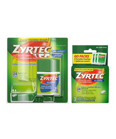 Zyrtec 24 Hour Allergy Relief Tablets, Antihistamine Allergy Medicine with 10 mg Cetirizine HCl, Bundle with 1 x 30 ct and 1 x 3 ct Travel Pack