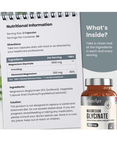 High Strength Magnesium Glycinate 1500mg - 180 Vegan Capsules - 3 Month Supply - Made in UK by VitaBright - Buy Online on GoSupps.com