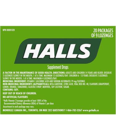 Halls Vitamin C Assorted Citrus Cough Drops 9 count 20 Packs Cough Drops Vitamin C 180 count (Pack of 1) - Buy Online on GoSupps.com