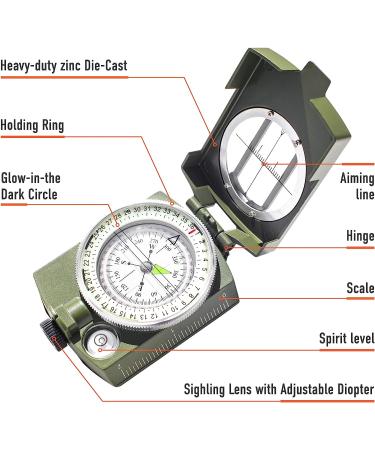 Lensatic Military Compass for Hiking - Tritium Compass Military Grade Style Camping Backpacking | Tactical Army Compass Survival Navigation | TurnOnSport Waterproof Sighting Compass with Pouch Green - Buy Online on GoSupps.com