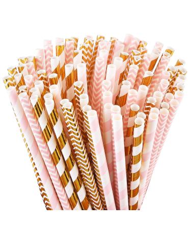 ALINK Biodegradable Paper Straws, 100 Pink Straws / Gold Straws for Party Supplies, Birthday, Wedding, Bridal / Baby Shower, Christmas Decorations and Holiday Celebrations