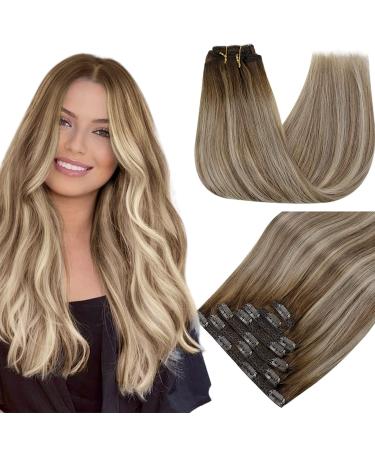 Runature clip in extensions real hair balayage brown blond 35cm real hair extensions clip balayage brown ombre blond seamless extensions real hair clip remy human hair 120g 7pcs #3/8/25cm-7Pcs #3/8/22