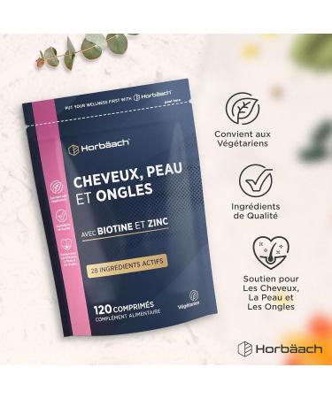 Cheveux Ongles Peau | 28 nutriments avec de la biotine du zinc du fer un complexe de vitamines B et bien plus encore ! | 120 Comprim s | Horbaach - Buy Online on GoSupps.com