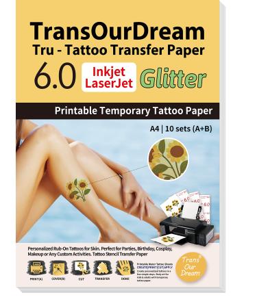 TransOurDream Green Printable Temporary Tattoo Transfer Paper for Inkjet & Laser Printer (A+B per Set  10 Sets  A4 size) DIY Personalized Temporary Tattoos for Skin Glitter Green Effect (TAT6-10)