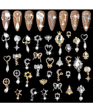 36 pieces luxury nail art street ebanku 3D glossy nail art charms diamond metal nail jewelry nail beauty design charms gold silver heart pearl crystal gemstones for girls women