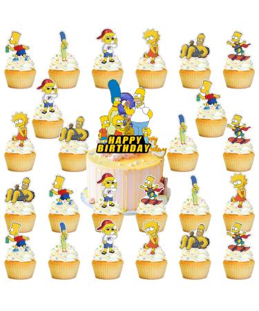 Simpsons Party Decorations 25 Pcs Simpsons Theme Cupcake Toppers for Girl and Boy Simpsons Birthday Party Supplies Cake Decoration
