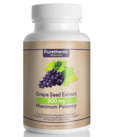 Grape Seed Extract Capsules 300mg, 120 Count, 4 Month Supply, Natural - High Potency - (95% Proanthocyanidins) Purethentic Naturals, (No Messy Liquid or Loose Powder) (1 Bottle) 120 Count (Pack of 1)