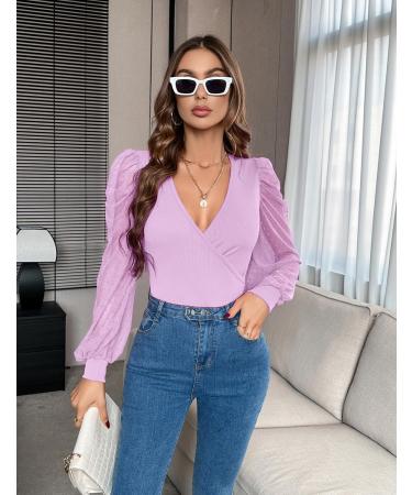 Fayenne Womens Tops Deep V Neck Cross Wrap Sexy Tops Polka Dot Mesh Long Sleeve T Shirt Casual Blouses S Lilac Purple - Buy Online on GoSupps.com