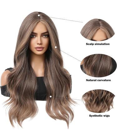 HAIRCUBE Long Brown Wavy Wig for Women - Synthetic Curly Hair with Highlights, Middle Parting - Mixed Brown - Buy Online on GoSupps.com