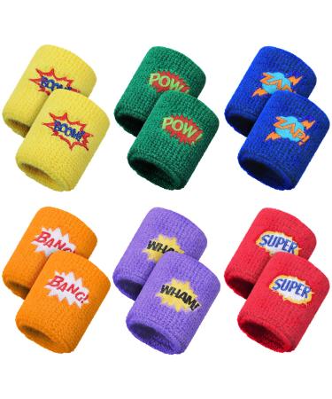 24 Pieces Kids Sports Wristbands Colorful Wrist Sweatbands Terry Cloth Wristbands with Pow Zap Design for School Students Teacher Sports Birthday Basketball Party Favors, 6 Styles