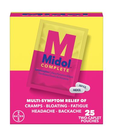 Midol Complete Caplets with Acetaminophen for Menstrual Symptom Relief - 50 Count (25 Pouches of 2 Caplets), On The Go Menstrual Pain Relief