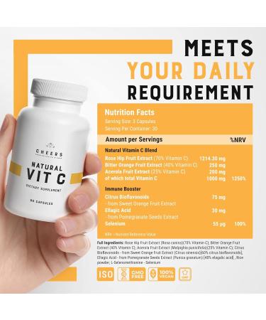 Cheers Natural Vitamin C 1000mg Supplement | Immune Support & Antioxidants | Plant-Based Acerola Rosehip & Bioflavonoids | Vegan Non-GMO Gluten-Free No Additives | 90 Capsules - Buy Online on GoSupps.com
