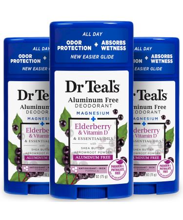 Dr Teal's Aluminum Free Deodorant Elderberry & Vitamin D with Essential Oils 2.65 oz (Pack of 3)
