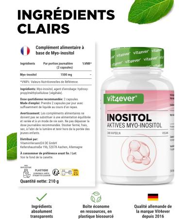 Myo-inositol 1500 mg par jour 240 g lules v ganes haut dosage Inositol pur composant important du m tabolisme cellulaire Sans additifs inutiles - Buy Online on GoSupps.com