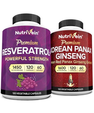 Nutrivein Premium Korean Panax Ginseng Supplement & Resveratrol Supplement Bundle: High-Absorption Resveratrol Capsules & Ginseng for Brain, Defenses, Repair, & Vitality