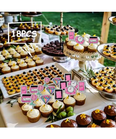 18pcs Pink Glitter Dessert Cupcake Topper for Make Up Flowers Diamond Theme Decor Supplies Lady Woman Girls Happy Birthday Bachelor Wedding Party Decoration - Buy Online on GoSupps.com