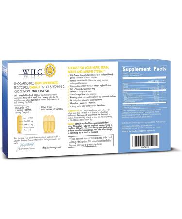 WHC UnoCardio 1000 Fish Oil (60 Softgels) - Pure Triglyceride Omega-3 with EPA, DHA, and Vitamin D3 - Buy Online on GoSupps.com