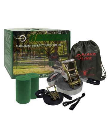 LONGLC Slackline Kit | Slack Line Longer | 57 ft Line with Training Line | Tree Protectors, Arm Trainer, Ratchet Cover and Carry Bag | Tight Rope Slack Lines for Backyard | for Kids, Children, Adults 57 FT kit