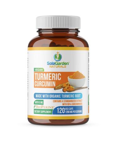 Turmeric Curcumin with BioPerine Organic Turmeric Root and 95% Curcuminoids - by SolaGarden Naturals. 120 Non GMO Veggie Capsules 120 Count (Pack of 1)