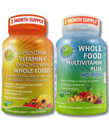 Liposomal Vitamin C 1500mg + Vegan Whole Food Multivitamin Without Iron - Energy & Immune Support Bundle with Organic Acerola Cherry Camu Camu & Enriched with Whole Foods Non-GMO Clean Label