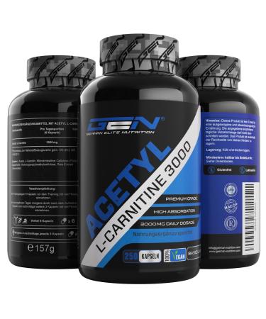Acetyl L -Carnitin 3000 with 250 capsules - 3000 mg per daily portion - Premium: L -carnitine as acetyl form - high -dose - laboratory tests quality - vegan