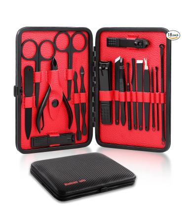 Manicure set, manicure set for men and women- premium stainless steel, Nail Scissors Nail File Ear Pick Tweezers Nose Hair Scissors with Black Leather Travel Case SET 18P (Black)