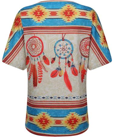 Women's Yellow Tribal Print V-Neck T-Shirt, XL - Dream Catcher Feather Design | Summer Casual Top - Buy Online on GoSupps.com