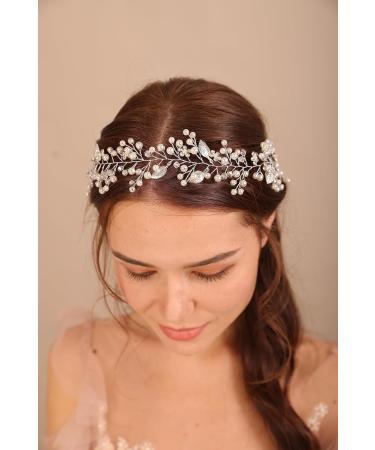 BERYUAN Women Silver Leaf Crystal Flowers Pearls Hair Vine Pearls Crystal Rhinestone Headband Silver Bride Hair Piece Pearls Wedding Hair Accessories for Brides Bridesmaid - Buy Online on GoSupps.com