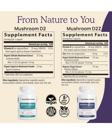 Real Mushrooms Vitamin D2 Zinc (120ct) and Chaga (120ct) with Reishi Bundle - Natural Support for Immune Strength and Digestive Health - Vegan Gluten Free Non-GMO Organic Mushroom Extracts - Buy Online on GoSupps.com