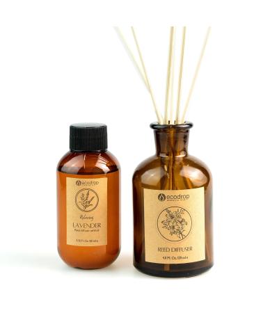 Ecodrop Lavender Reed Diffuser Set - 100ml | Relaxing & Calm Scented Aromatherapy Fragrance Oil a Glass Bottle & 6 Wooden Reed Sticks Set | Home Spa Gift for Living Room Bathroom & Bedroom Aroma Lavender Reed Set