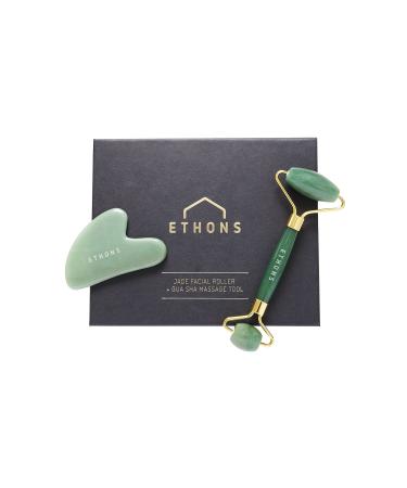 Jade Roller & Gua Sha 2 in 1 For Face - Premium Construction Face Massager - Skin Tightening De-Puff Face Scraper - Anti Aging - Relieves Headache & TMJ Gift-Ready Packaging Jade Stone