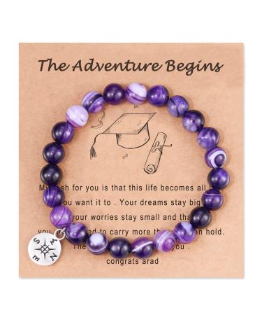 HGDEER Graduation Gifts, Natural Stone Compass/Heart Bracelets for Women Mens Girls Boys Purple Compass