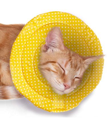 Meric Cat Cone, Recovery Soft Collar for Bathing and Grooming, Cotton, Yellow with White Polka Dots 9-11 Neck Size