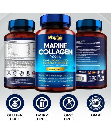 Mayfair Nutrition Marine Collagen Capsules 1470mg Complex - High Strength with Hyaluronic Acid, Biotin, Turmeric, Vitamin C, E, B2, D3 & Minerals - Women's Hydrolyzed Supplements - Made in UK - Buy Online on GoSupps.com
