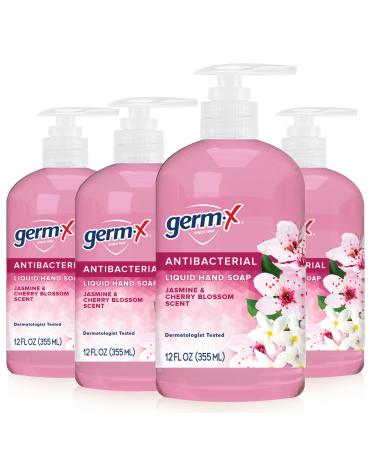Germ-X Antibacterial Hand Soap Moisturizing Liquid Hand Wash for Bathroom pH Balanced & Dermatologist Tested Back to School Supplies Jasmine & Cherry Blossom 12 oz Pump Bottle (Pack of 4)