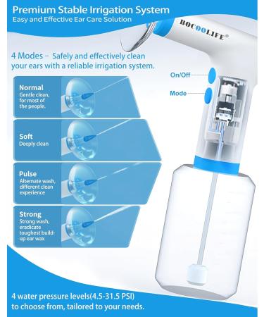 BOCOOLIFE Electric Ear Wax Removal Kit Water Flushing Irrigation System Ears Flush Cleaner Powered with 4 Pressure Settings Safe & Effective Ear Cleaning Kit Includes 30 Tips Basin - Buy Online on GoSupps.com